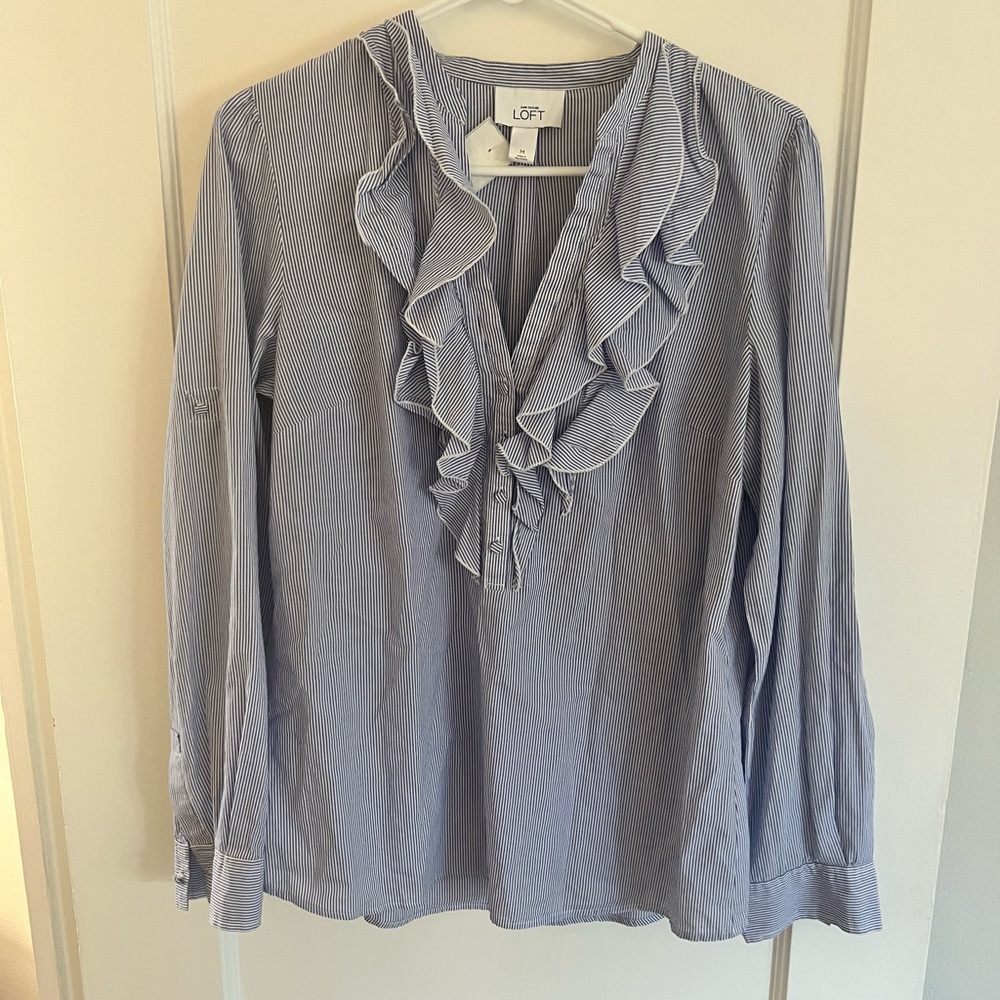 LOFT stripped, V neck, ruffled blouse size medium
